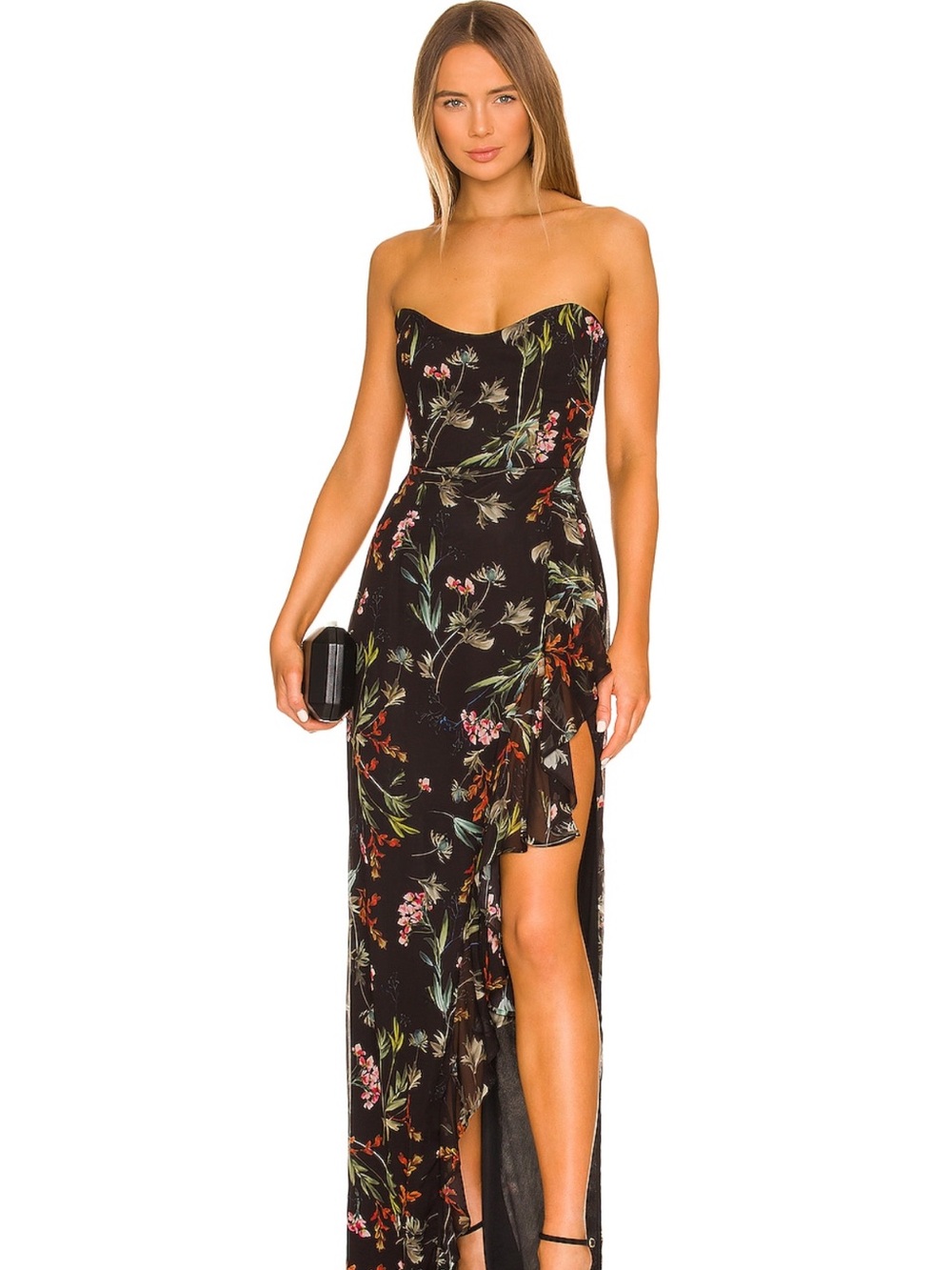 Katie May Baby Cakes Gown in Black Floral, Strapless High-Slit, XS